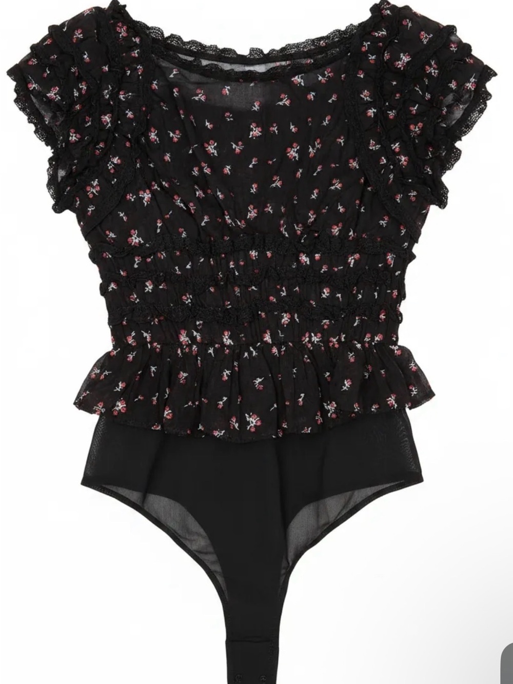 Free People Intimately Black Ruffle Body Suit Blue Red Flowers Size S